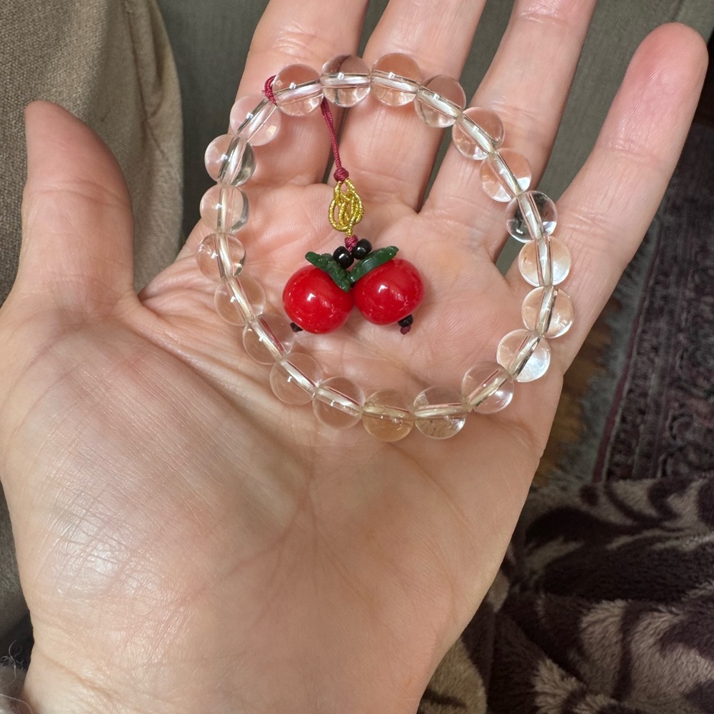 Clear Beaded Bracelet with Cherry Charm